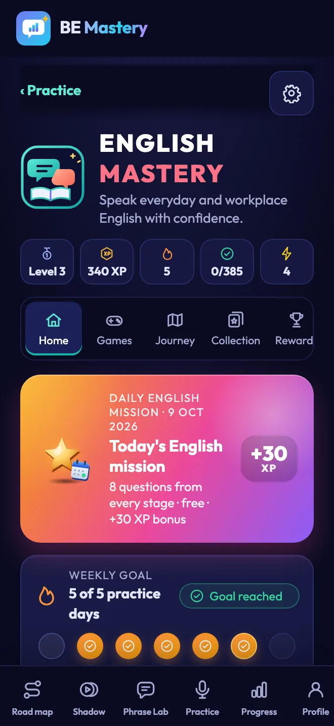 The English Mastery hub: level, XP, streak and energy, today's English mission and the weekly goal