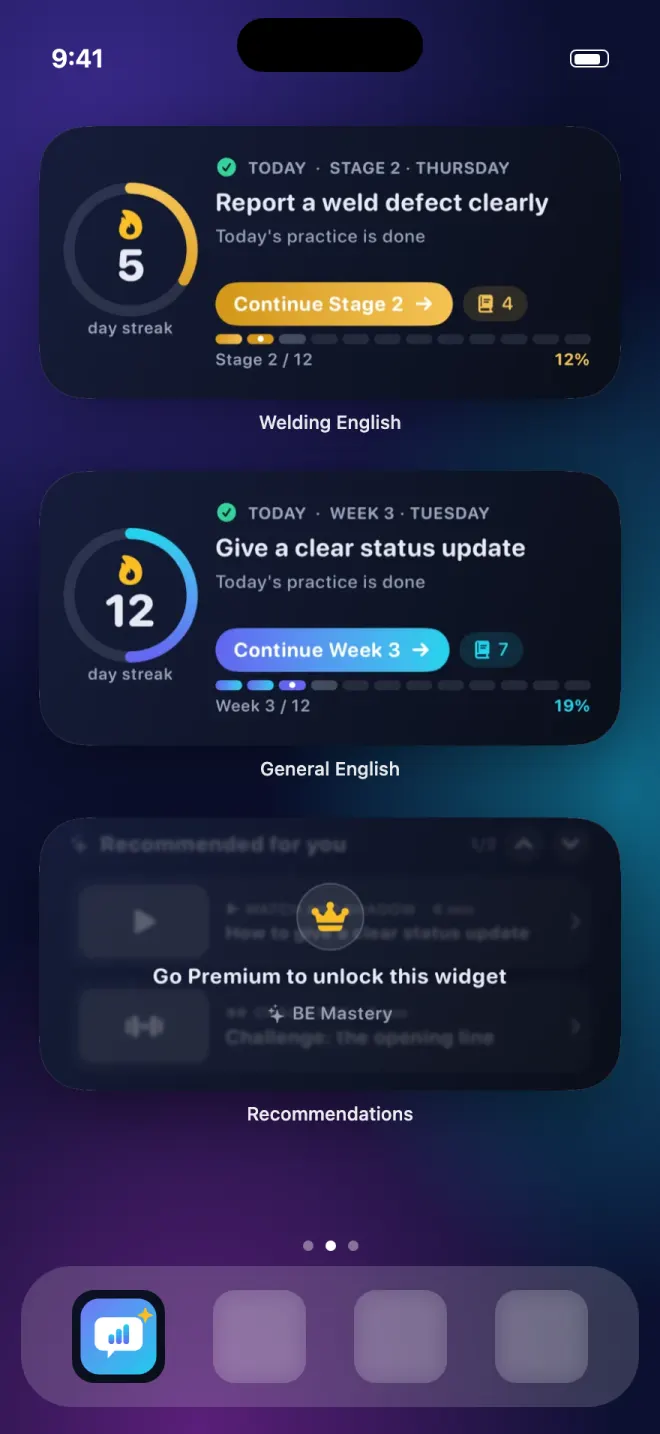 A home screen with a Welding English widget, a General English widget and a locked Recommendations widget